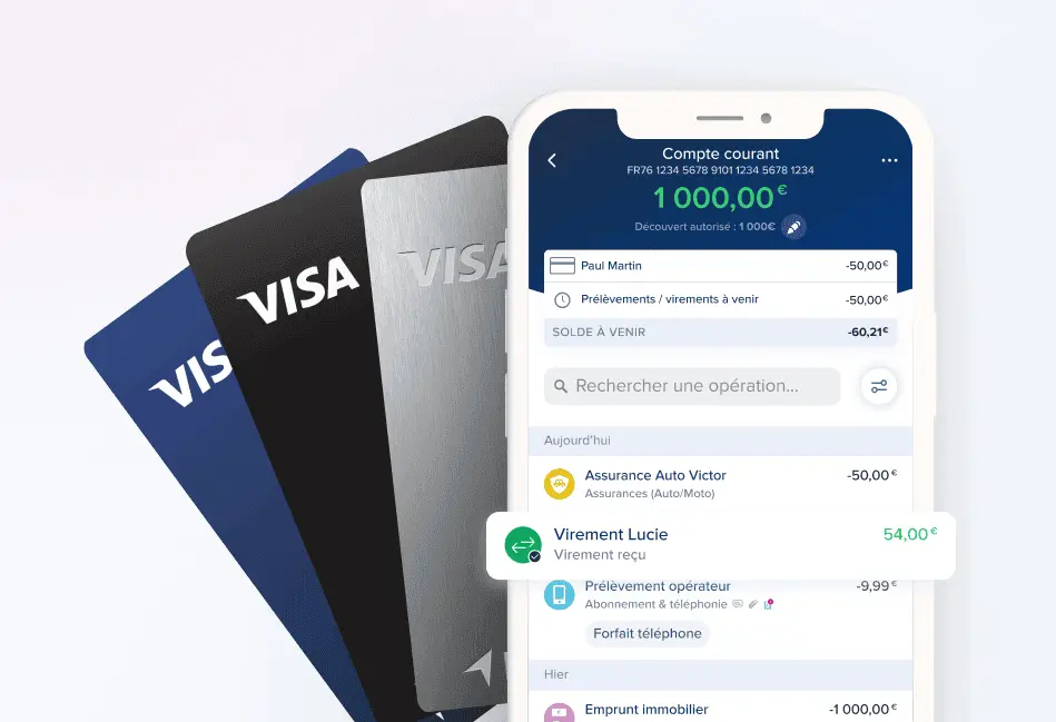 Application mobile BoursoBank - Interface compte courant et cartes bancaires Visa